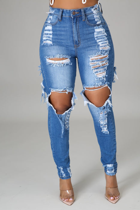 New Internet Celebrity Ripped Worn Stretch Jeans Skinny Pant Women