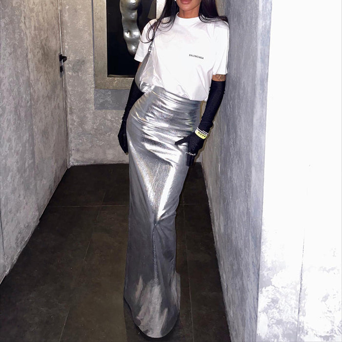 Metallic Coated fabric Women Clothing Spring Graceful Fashionable High Waist Slit Slimming Hip Skirt Faux Leather Long Skirt