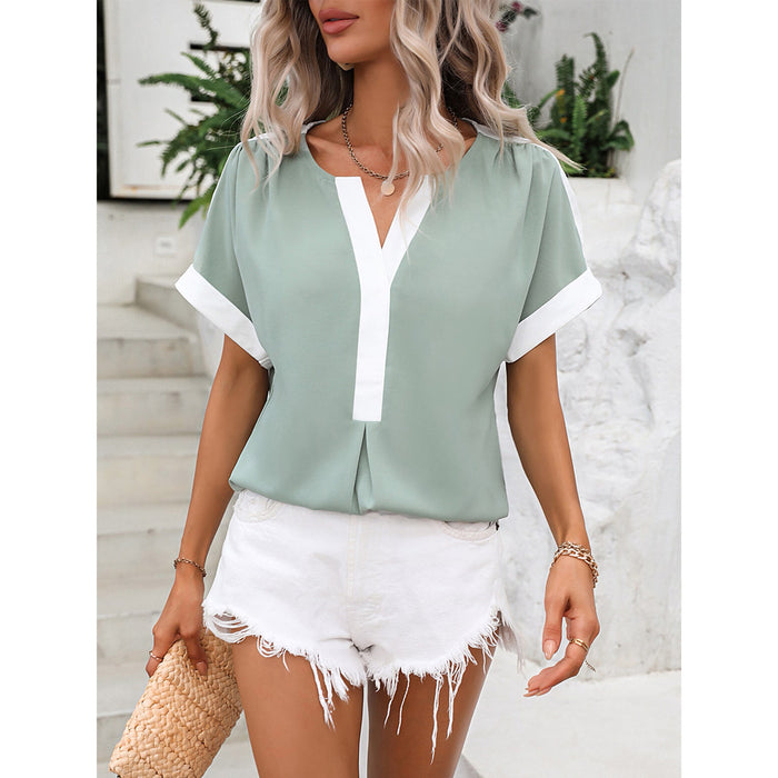 Eaby Shopee Casual Shirt Y Shaped Collar White Green Stitching Short Sleeve Shirt