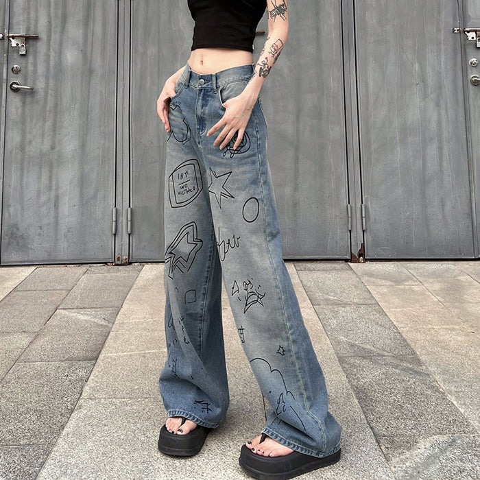 Street Graffiti Washed Blue High Waist Jeans Hip Hop Sexy Loose Mopping Straight Leg Overalls