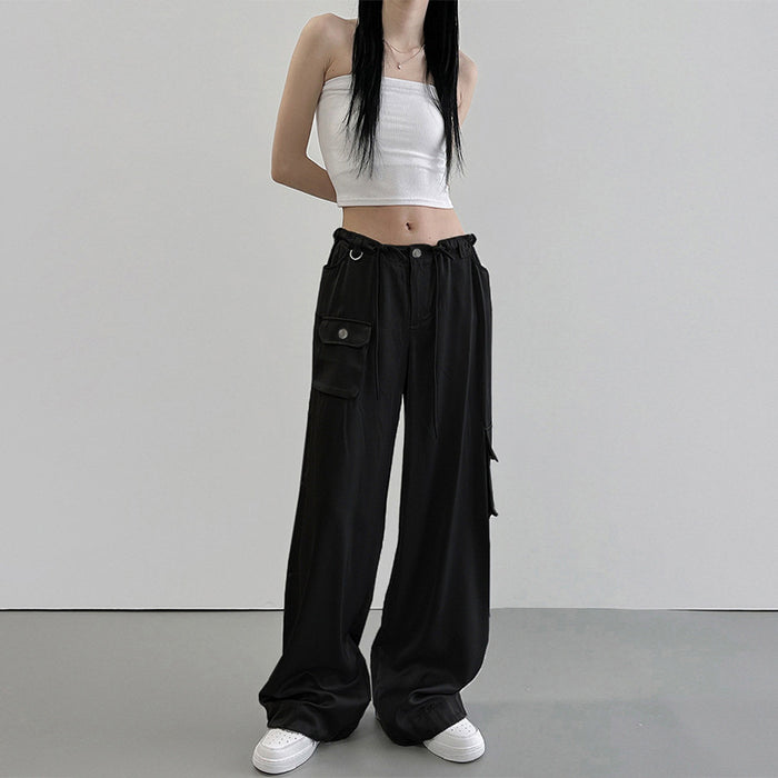 Summer Satin Draping Comfortable Casual Pants Street Low Waist Pocket Metal Buckle Stitching Wide Leg Trousers