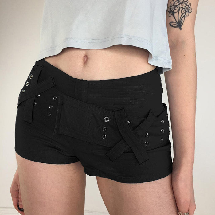 Design Sexy Low Waist Shorts Hook Loop Belt Stitching Solid Color Tight Stretch Jeans