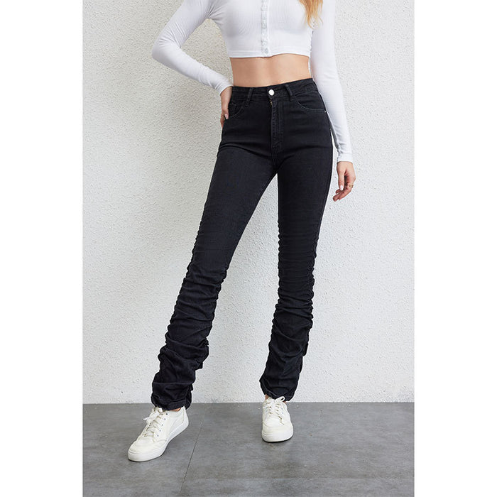 High Waist Tight Denim Slimming Women Jeans Street Denim Pleated Retro