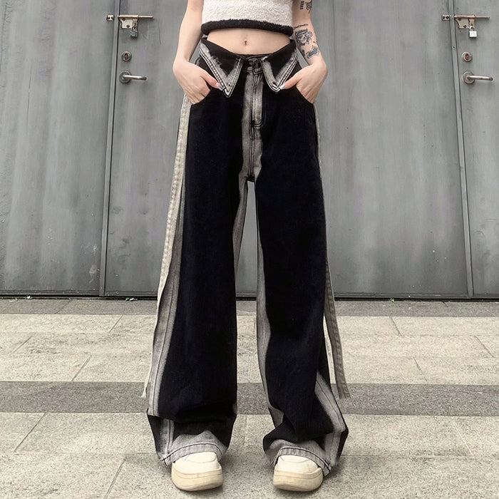 Casual Low Waist Flanging Tie Dyed Contrast Color Jeans Trendy Belt Slimming Straight Pants Trousers