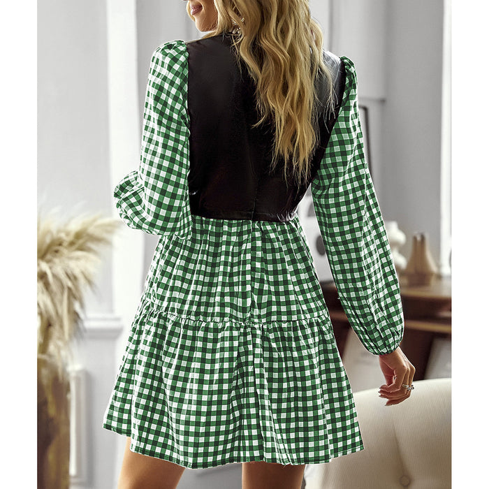 Plaid Dress Station Spring Summer False Two Piece Patchwork A line Dress