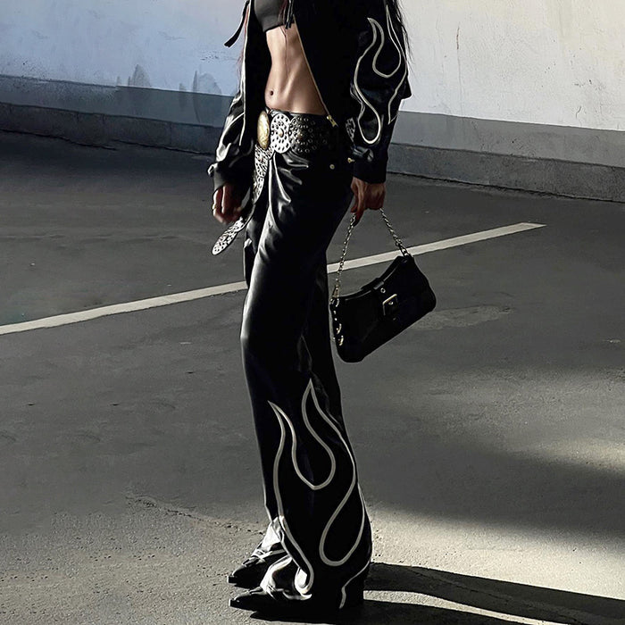 Street Hip Hop Personalized Printed Micro Pull Leather Pants Autumn Low Waist Slim Fit Sexy Trousers