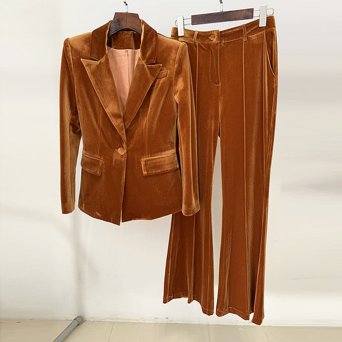 Autumn Winter Women  Business One Button Pleuche Blazer Bell-Bottom Pants Suit Two-Piece Set