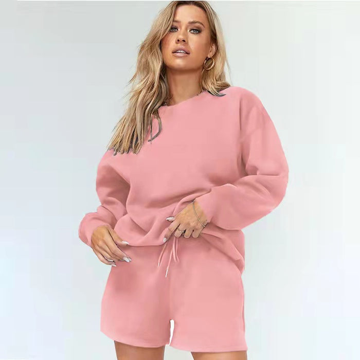 Solid Color Rib round-Neck Women Clothing Brushed Hoody Side Pocket Shorts Casual Suit