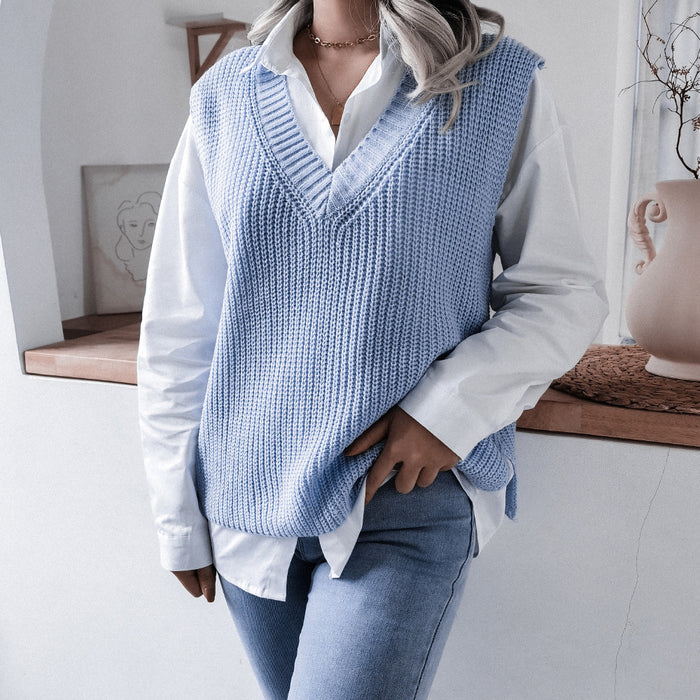 Autumn Winter V-neck Casual Loose Knitted Sweater Vest Jacket Women Clothing