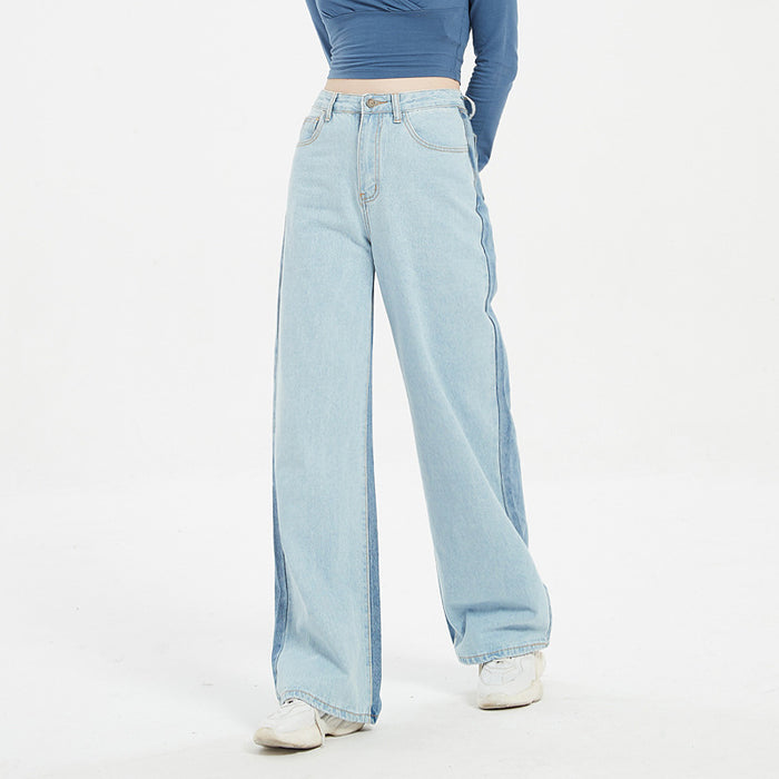 Irregular Asymmetric Color Matching High Waist Straight Pants Women Casual Slacks