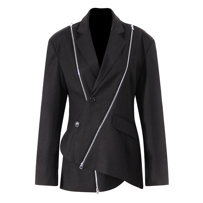 Niche Design Dark Blazer Spring Asymmetric Metal Zipper Decorations Long Sleeve