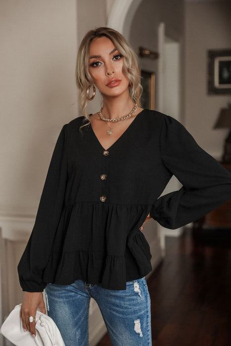 Best Long Sleeved Women Shirt V neck Buckle Babydoll Top