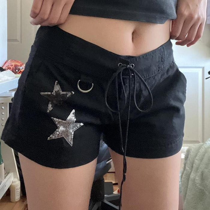 Sexy Special Interest Design Star Sequ Embroidered Lace Up Straight Casual Shorts Summer