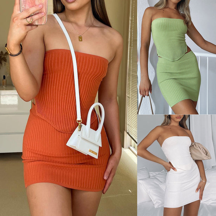 Knitted Irregular Asymmetric Tube Top Top Skirt Set New Backless Sexy Skirt Hip Skirt Two-Piece