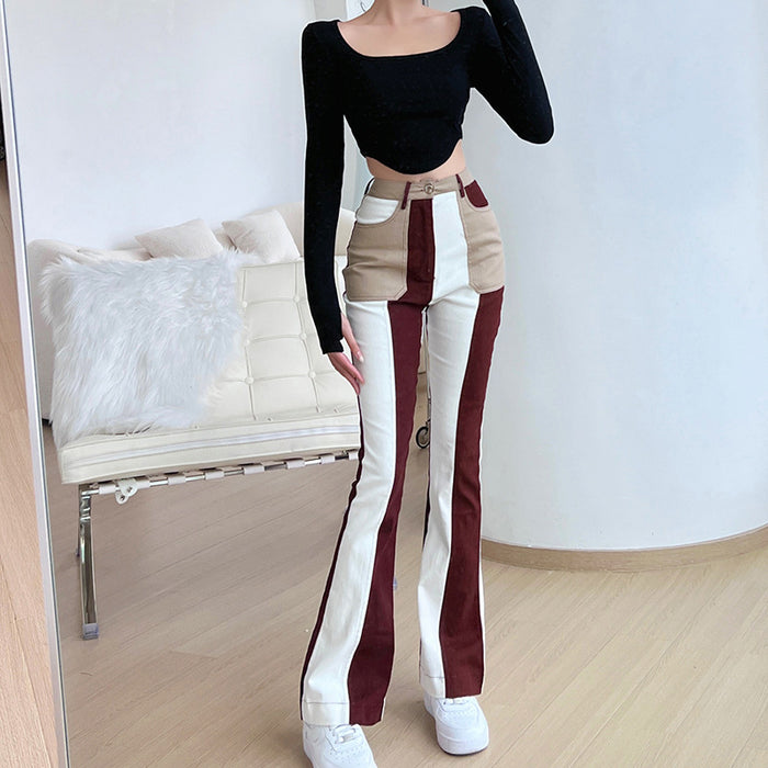 Straight Leg Pants Women Autumn Personal Casual Colorblock All Matching Distressed High Waist Jeans