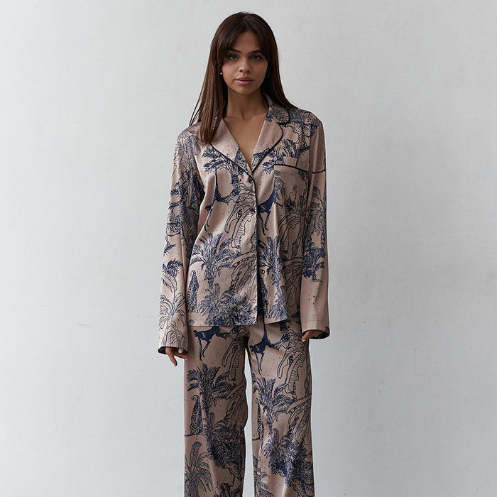 Autumn Imitated Silk Pajamas Long Sleeved Trousers Two Set Loose Comfort Printing Home Wear for Women