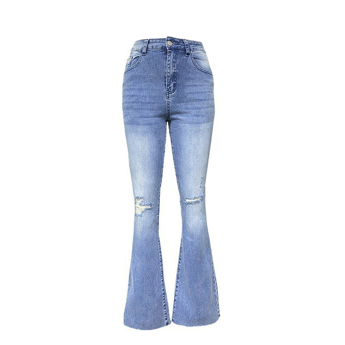 Jeans Women Stretch Flared Pants Washed Frayed Hem Ripped Jeans