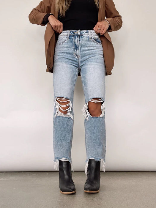 Women  Retro High Waist Ripped Straight Jeans