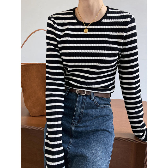 Spring Striped Long Sleeved  shirt Women Slim Fit Slimming Inner Bottoming Shirt Top