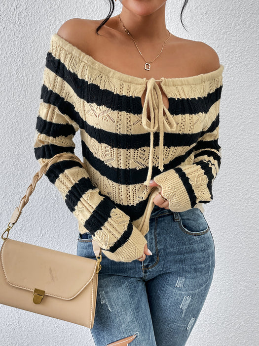 Autumn Winter Knitwear Off Neck Lace up Striped Pullover Sweater for Women