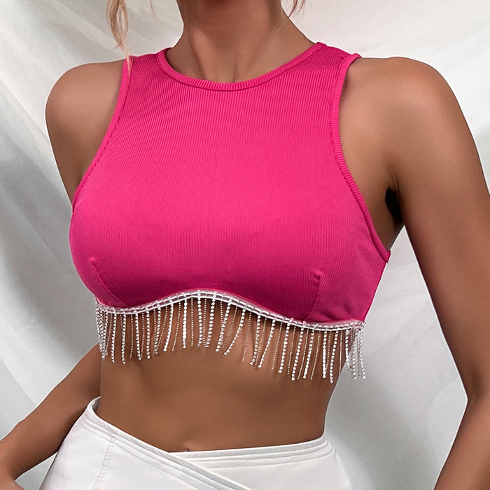 Sexy Exposed Cropped Solid Color Wrapped Chest Tassel Stitching Diamond Debris Small Tank Top Top Women