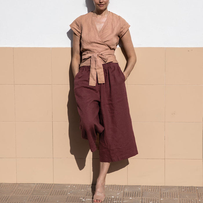 Linen Ankle Length Pants Women Spring Summer Elastic Waist Cotton Linen Thin Women Pants High Waist All Matching Casual Drooping Wide Leg Pants