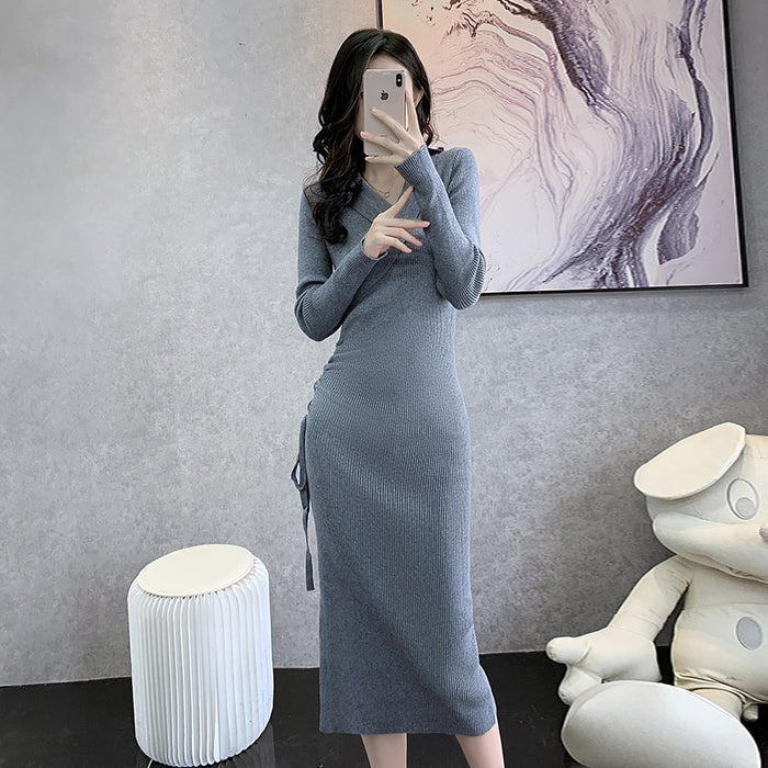 Elegant Collared Knitted Dress Autumn Winter Women Wear Waist Controlled Long Sleeves Sweater Dress