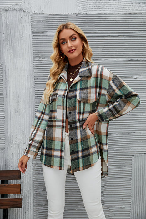 Autumn Winter Women Wear Plaid Mid Length Loose Long Sleeved Woolen Coat Women