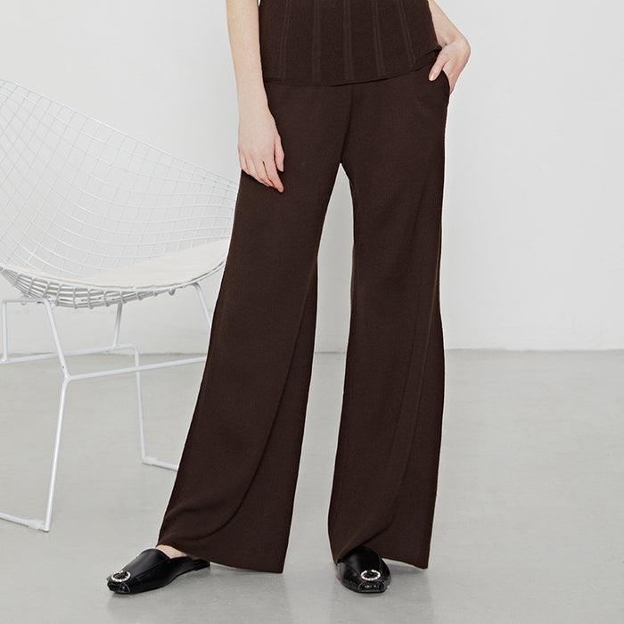 Knitted Trousers Autumn Solid Color Pocket Smart Trousers Women Loose Wide Leg Pants Straight Woollen Trousers Women