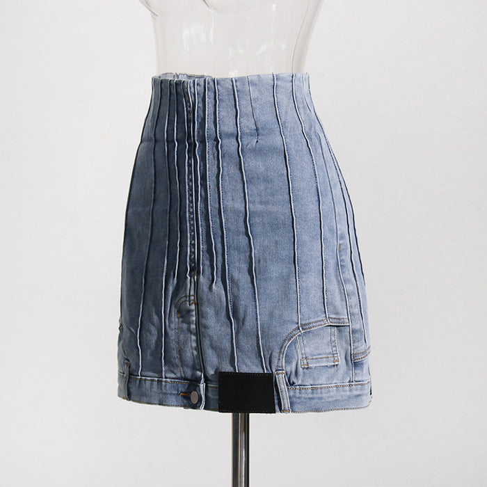 Summer Denim Skirt Abstract Design First Contrast Color High Waist A  line Sheath Skirt Slimming Skirt