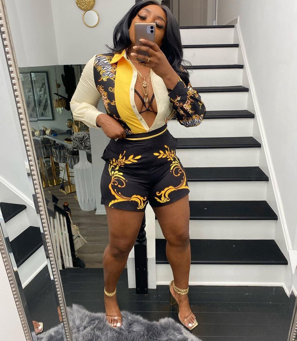 Women  Clothing Casual Printed Rich Shirt Shorts Two-Piece Set