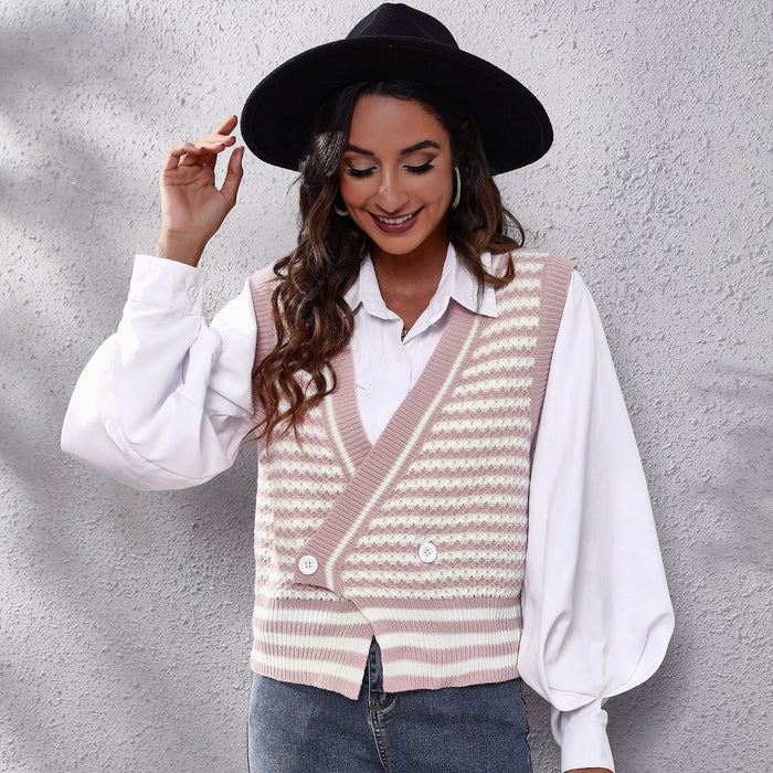 Popular Striped Knitted Cardigan Sweater Waistcoat Women Vest Autumn Winter Women Clothing