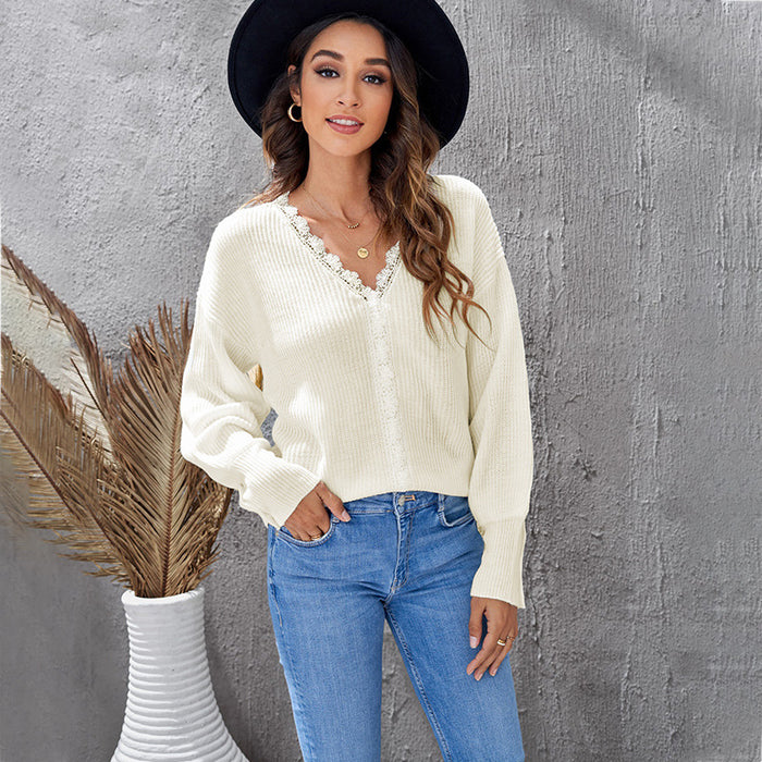 Solid Color Sweater Women  Autumn Lace V neck Patchwork Breasted Long Sleeve Top Women