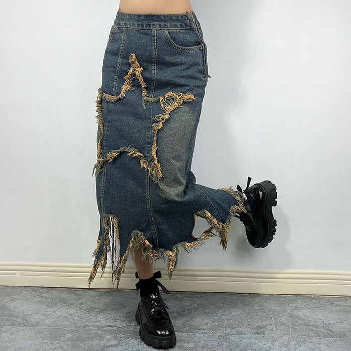 Retro High Waist Irregular Asymmetric Skirt for Women Autumn Sexy A line Slimming Long Denim Skirt