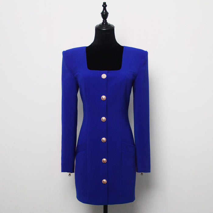 Spring Autumn Solid Color Square Collar Single Breasted Long Sleeve Zipper Short Women  Dress