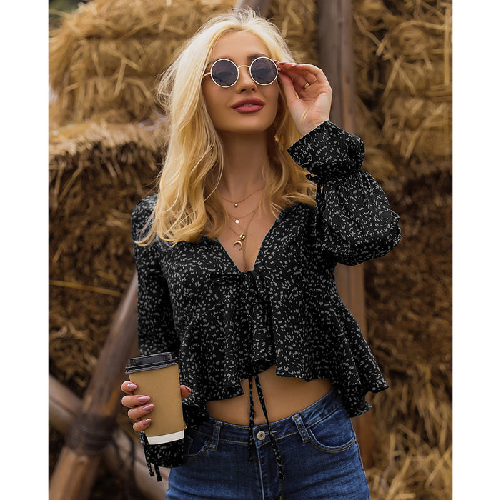 Flared Sleeves Long Sleeves Leopard Print Lace Up Sexy Cropped Ruffled Irregular Asymmetric