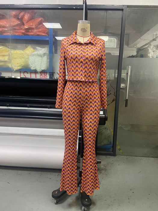 Fall Suit Women Sexy Print Shirt Wide Leg Pants Casual Two Piece Suit