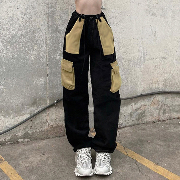 Contrast Color Pocket Stitching High Waist Drawstring Laced Pants Trend All Match Workwear Casual Pants