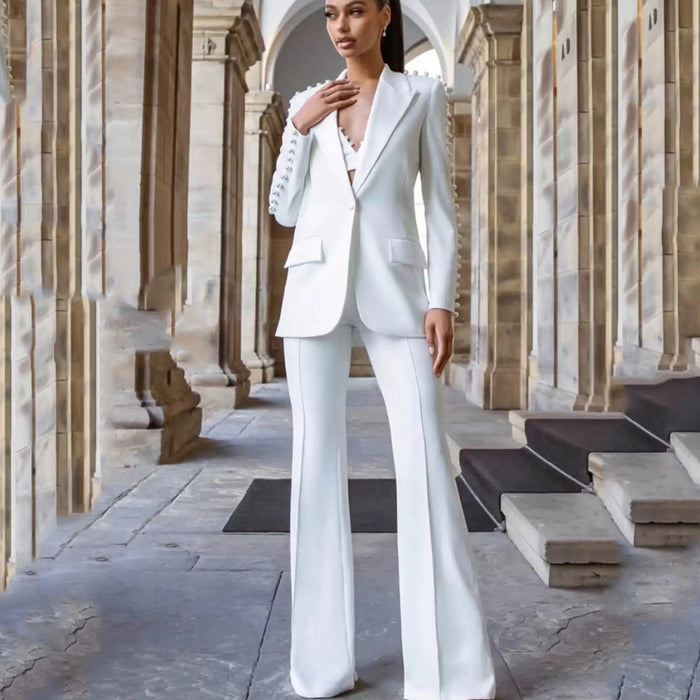 Star Elegant Socialite Pearl Beaded One Button Suit Bell Bottom Pants Suit