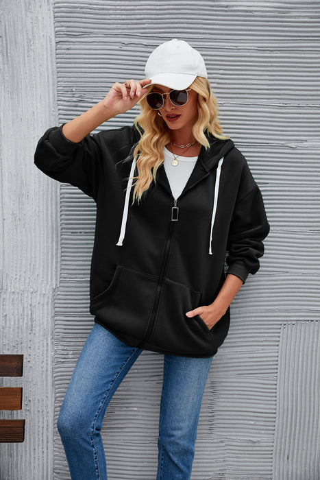 Women Cardigan Solid Color Long Sleeve Pocket Hooded Zipper Thickening Sweater Women