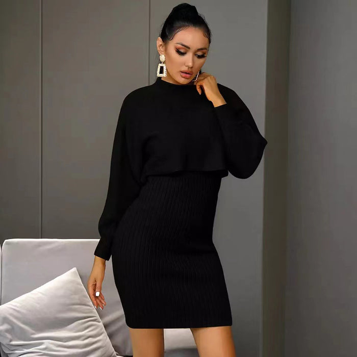 Sexy Knitted Dress Two Piece Set Autumn Winter Solid Color Long Sleeve Sweater Women