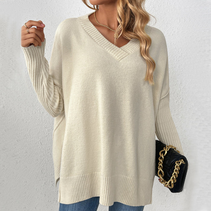 Autumn Winter Pullover Sweater Idle V neck Casual Stitching Long Sleeved Sweater for Women