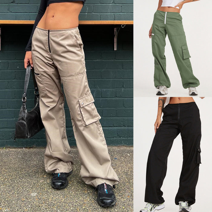 Spring Summer Overalls Women Multi-Pocket Wide-Leg Pants Straight-Leg Pants Waist Loose Trousers Wide-Leg Pants