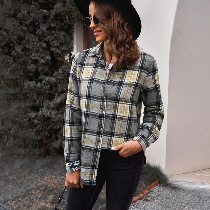 Fall Mid Length Plaid Shirt For Women Collared Loose Long Sleeve Top