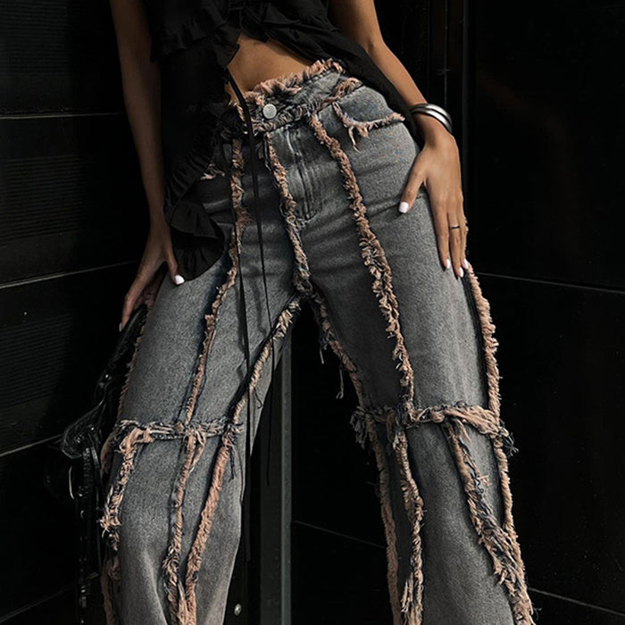 Trendy Retro Loose Raw Hem Jeans Sexy Mid Waisted Figure Flattering Street Dance Distressed Casual Pants