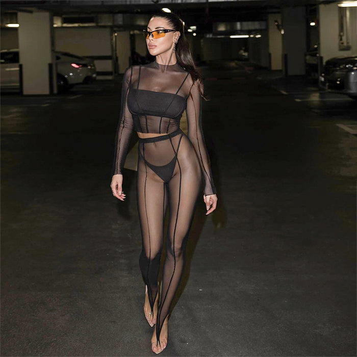 Women  Clothing Suit Mesh See through Casual Trousers Two Piece Set