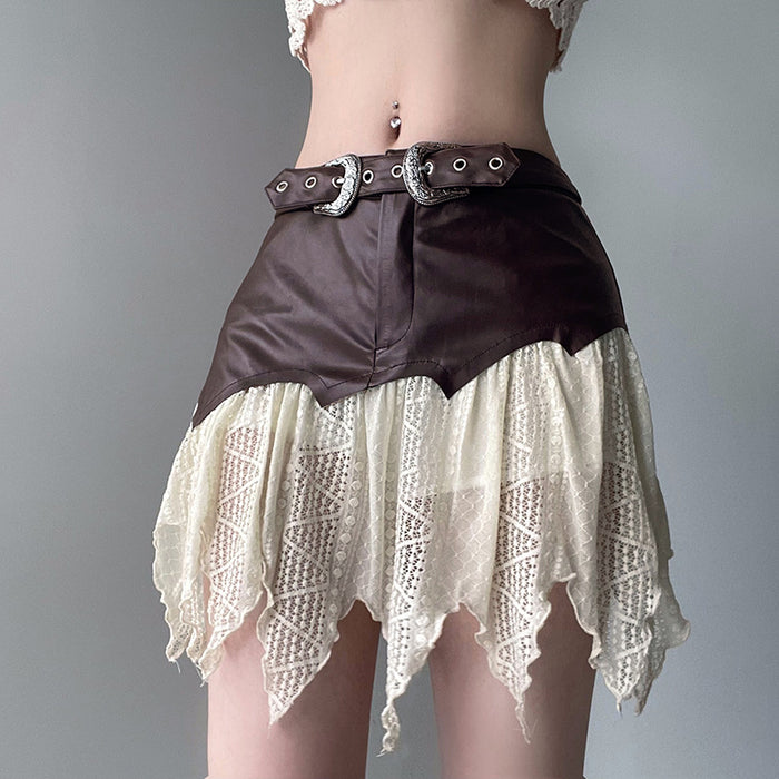 One Piece Leather Stitching Irregular Asymmetric Lace Skirt Street Tassel Sexy Skirt