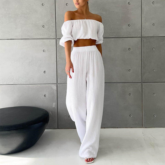 Two Piece Women  Summer Pure Cotton Champray Solid Color off Neck Short Sleeved Top High Waist Wide Leg Pants Casual Suit