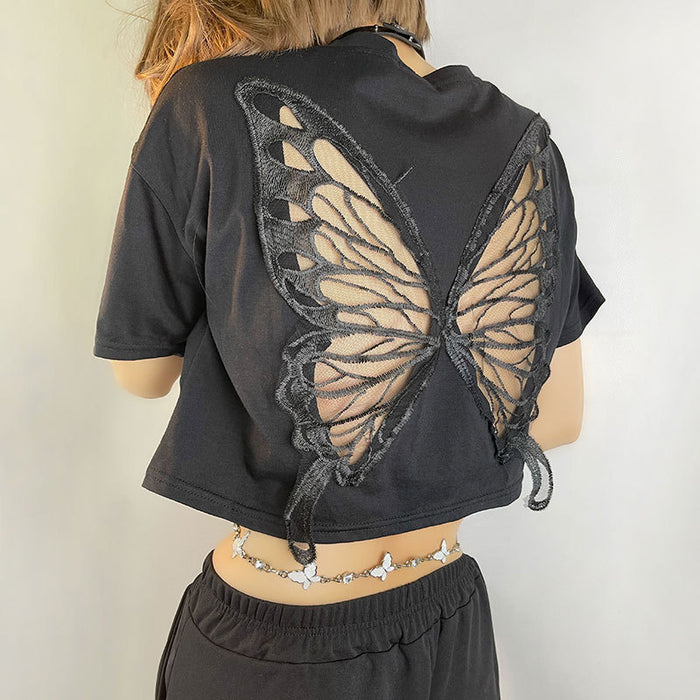 Black Lace Butterfly Exposed Cropped Short T-shirt Fashionable Loose   Hollow Out Cutout Short Sleeve Top