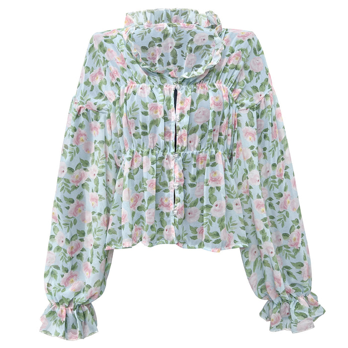 Autumn Winter Wooden Ear Printed Chiffon Shirt Bell Sleeve Floral Top